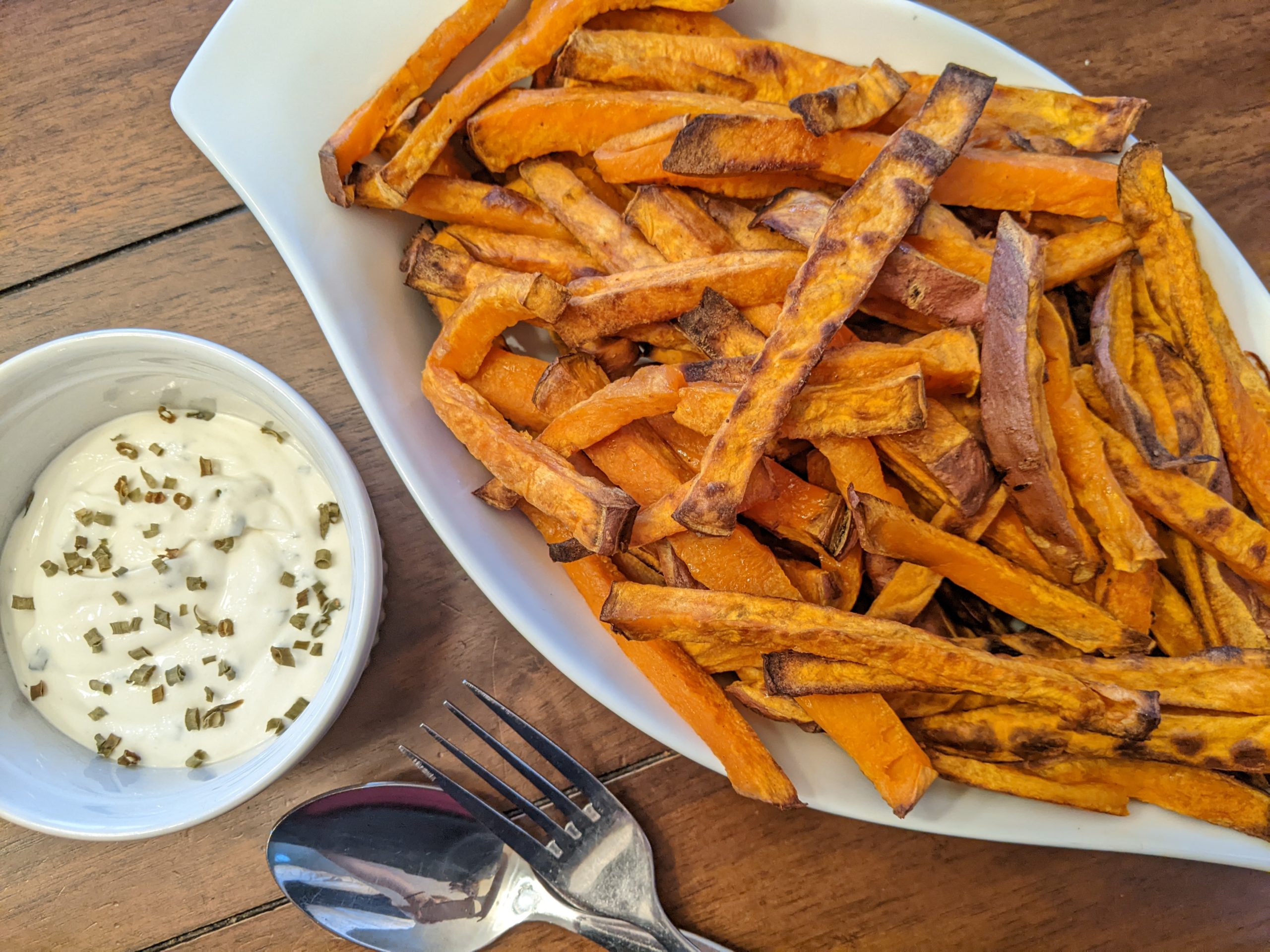 Garlic Parmesan Sweet Potato Fries with Spicy Aioli. - Half Baked